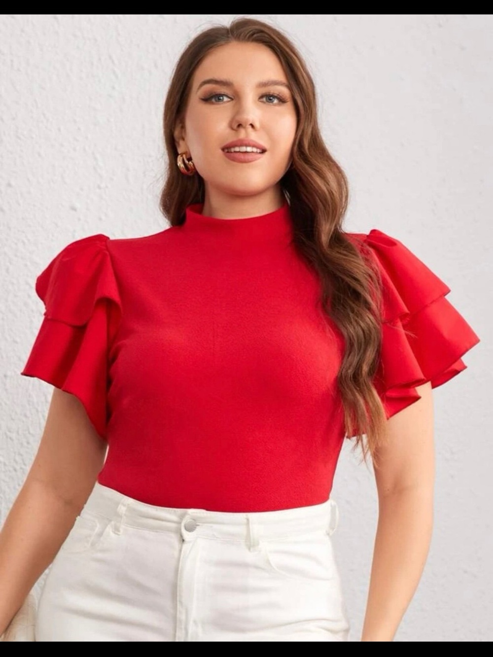 SHEIN Red Mock Neck Ruffle Sleeve Top